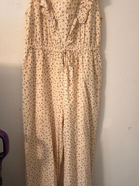 Cream Floral Ruffle-Trim Jumpsuit with Drawstring Waist